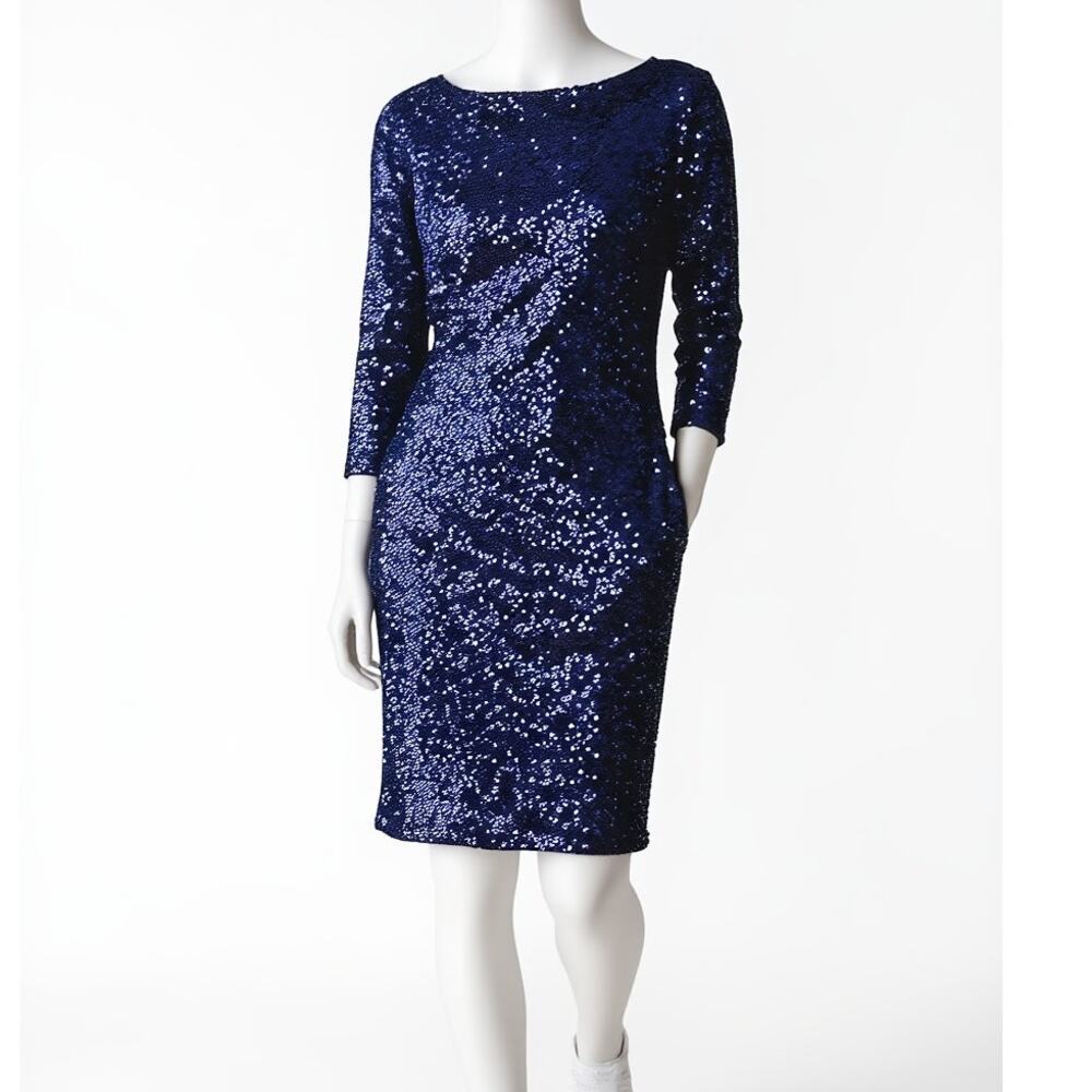 ALICE & YOU Navy Blue Party Event Wedding Sequins Short Dress  3/4" Sleeves 10